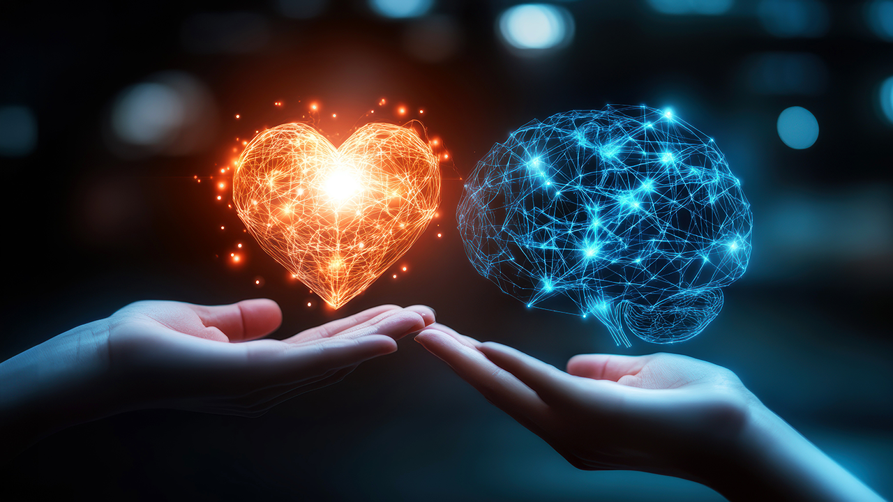 Two hands which hold a heart and network like cloud