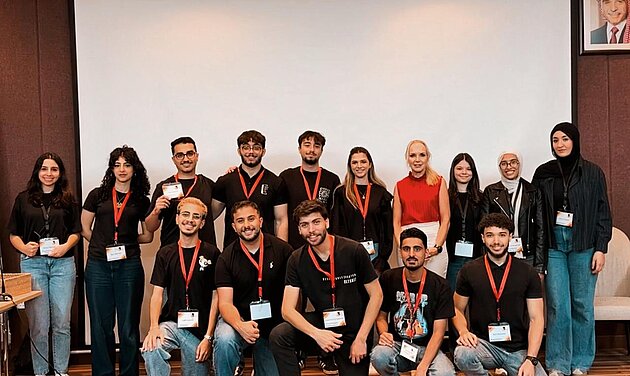 GJU German Club group picture together with Ala' Al-Turki, President of the club, and Jacqueline Rogler, Director of the German Language Center, who has been supporting this student initiative.