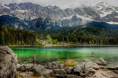 Eibsee lake underneath the mountain Zugspitze.